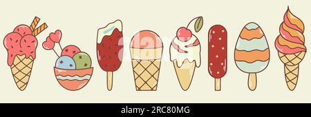 Hand drawn ice cream in waffle, cone, on stick in bowl. Retro set of different ice creams. Frozen sweet treat, milk dessert, isolated vector Stock Vector