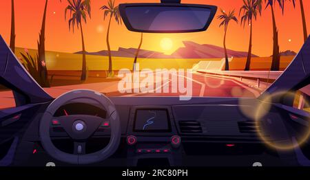 Sunset road with inside car dashboard view summer vector background. Palm tree and sun nature vacation landscape from vehicle windscreen. Unmanned nav Stock Vector