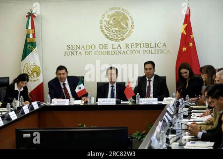 Non Exclusive: July 12, 2023, Mexico City, Mexico: The presidents of the Senate, Alejandro Armenta, and of the Political Coordination Board of the Sen Stock Photo