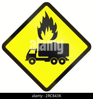 Indonesian warning road sign - tank trucks with flammable goods Stock Photo