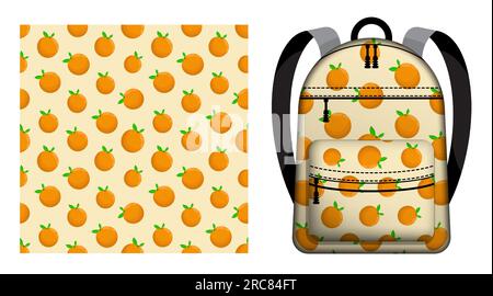 Children school backpack decorated seamless pattern with whole orange and leaves. Vector ornament for design of posters and printing on textile Stock Vector