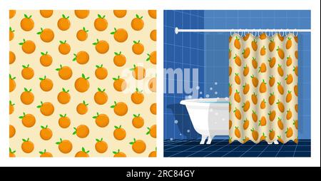 Bathroom interior with bathtub and curtain decorated seamless pattern with whole orange and leaves. Vector illustration, ornament for design of poster Stock Vector