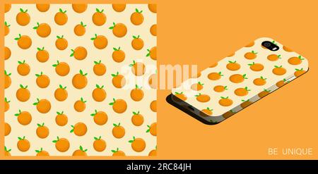 Modern smartphone in unique case decorated seamless pattern with whole orange and leaves. Isometric top view. Vector ornament for design of posters an Stock Vector