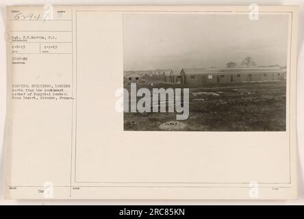 Hospital buildings at Beau Desert, Gironde, France, seen from the southwest corner of the Hospital Center. The photograph was taken by Sgt. F.T. Morris on April 8, 1919. The image captures the view looking northwards. The given reference numbers are: ISBLED NUMBER 1-1-19 and DMC NOTES 52946 006. Stock Photo