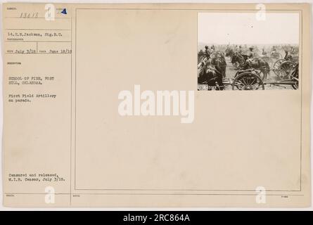 Soldiers from the First Field Artillery on parade at the NIS School of Fire in Fort Sill, Oklahoma. This photograph was taken on June 18, 1918, and was censored and released by the Military Intelligence Branch Censor on July 3, 1918. Stock Photo