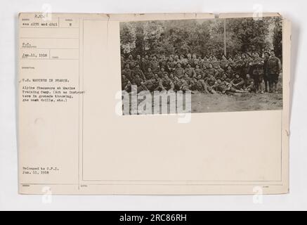 United States Marines in France receive training from Alpine Chasseurs at a Marine training camp. The Alpine Chasseurs act as instructors in various skills such as grenade throwing and gas mask drills. This photograph, numbered 111-SC-2134, is part of a series documenting American military activities during World War One. Stock Photo