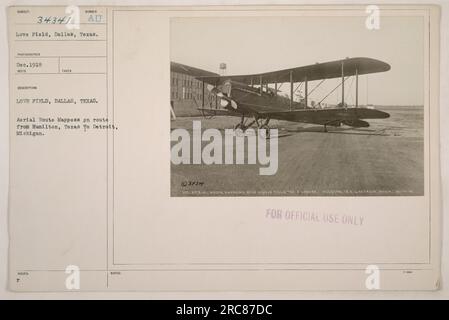 Aerial route map at Love Field, Dallas, Texas, during World War I. The map shows the route from Hamilton, Texas to Detroit, Michigan. The photograph was taken in December 1918 and is numbered as 34341. The map was used for official military purposes. Stock Photo