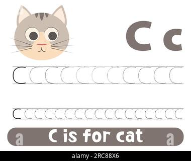 Tracing alphabet letter C with cute cat. Worksheet for children. Stock Vector