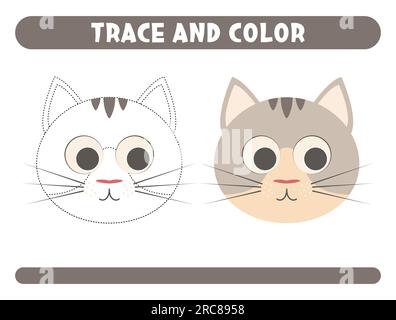 Trace and color cute cat. Worksheet for kids Stock Vector