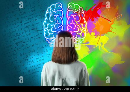 Logic and creativity. Woman and illustration of brain hemispheres. Different formulas and bright paint stains on background Stock Photo