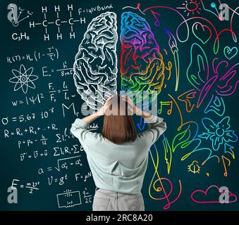 Logic and creativity. Woman and illustration of brain hemispheres. Different formulas and bright drawings on chalkboard Stock Photo