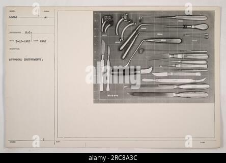 Image depicting a collection of surgical instruments from 1920, photographed by S.C. Reco on July 23, 1920. These instruments would have been commonly used during medical procedures in the American military during World War One. Stock Photo