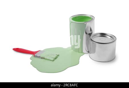 Open metal paint cans with spilled paints. 3D illustration Stock