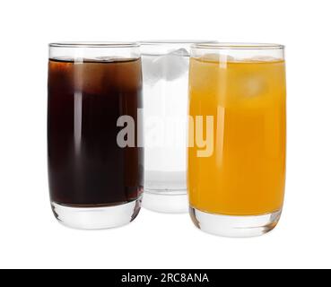 Glasses of Cola and Orange Soda Drink and Lemonade Stock Image