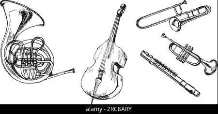 Set of french horn brass, trumpet, tuba musical instruments vector illustration isolated. Double horn, contrabass, pipe, clarinet silhouette ink hand Stock Vector