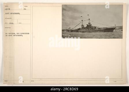 The USS Mississippi (BB-41) in 1919. This photograph was taken by a Navy Department photographer. The ship's identification number is 43776. The Navy Department did not provide a caption or specific details about the photo. Notes include the symbol 'AU' and mention that it is not identified by the Navy Department. Sn 890. Stock Photo