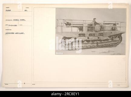 Motorized artillery being prepared for deployment during World War One. This image, numbered 64048 and taken by the Signal Corps, showcases the use of motorized artillery in the war effort. The artillery is marked with the symbol 'EU' and bears the notes 064048 1-1400. Stock Photo