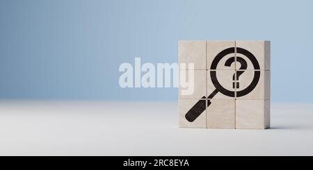 Cubes with question marks and magnifying glass analyzing question. question mark symbol on blue background. Problem, solution, confusion counseling Stock Photo