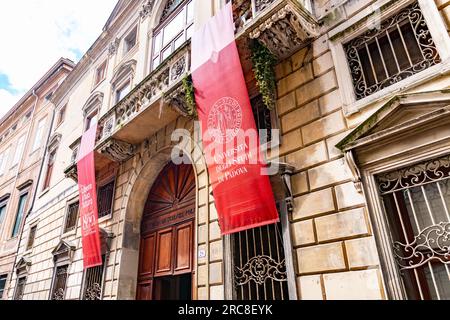 Padua, Italy - April 4, 2022: Entrance and front facade of the School of Economics and Political Science of Padua University on Via del Santo, Padua, Stock Photo