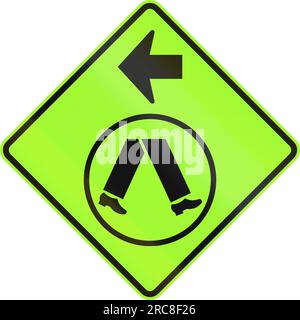 An Australian warning traffic sign - Pedestrian Crossing Ahead on Side Road, turn left Stock Photo