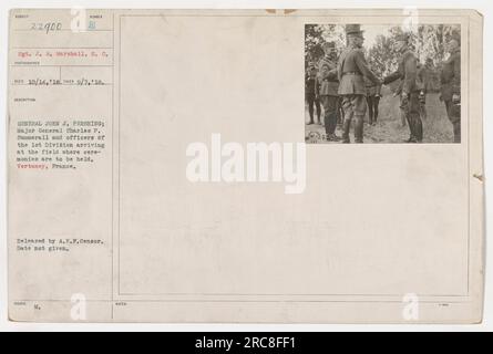 Sgt. J. A. Marshall, S. C. took this photograph on an unspecified date. The image shows General John J. Pershing, Major General Charles P. Summerall, and officers from the 1st Division arriving at the field in Vertuzey, France, where ceremonies are to be held. The photograph was released by A.F.P. Censor. Stock Photo