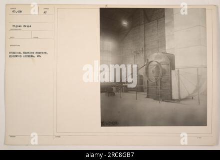 This photograph shows a group of soldiers from the Chemical Warfare Service at Edgewood Arsenal, Maryland during World War I. The soldiers are likely participating in training or conducting experiments related to chemical warfare. The image was issued by the Signal Corps and has the identification number 60,429. Stock Photo