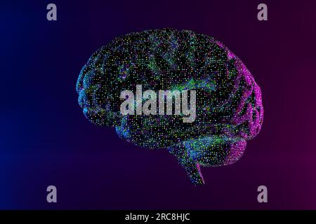 Abstract brain hologram. Futuristic glowing low polygonal brain mad of connected lines, stars, dots, triangles isolated on dark blue background. Neuro Stock Photo