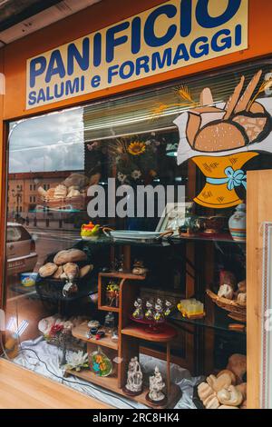 Venice, Italy - April 4, 2022: Traditional Italian bakery and snacks displayed at a cafe window in Padua, Italy. Stock Photo