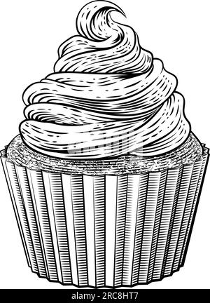 Cup Cake Cupcake Muffin Cream Vintage Woodcut Stock Vector