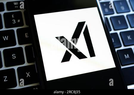 xAI company logo seen on the screen. Elon Musk created artificial