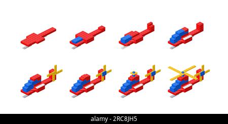 Set of helicopters assembled from plastic blocks in isometric style. Vector illustration. Stock Vector