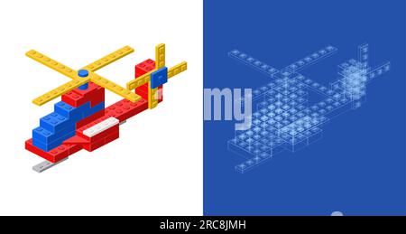 A set of a helicopter and a project assembled from plastic blocks in isometric style for printing and decoration. Vector illustration. Stock Vector