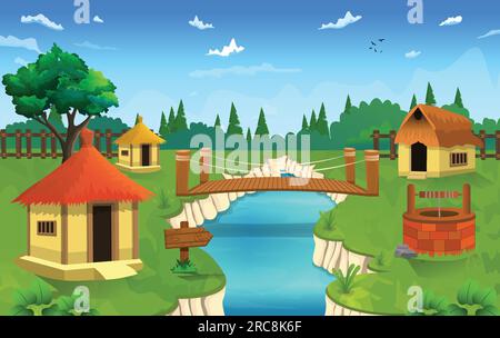 Vector illustration of countryside beautiful pakistan village cartoon background of green meadows and surrounded by trees and mountains. Stock Vector