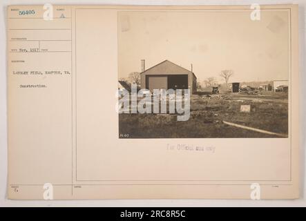 Construction at Langley Field in Hampton, VA. This photograph, taken in 1917, shows the progress of SUBIECT 56405. The photographer noted that it was taken for official use only. The construction appears to be in full swing, indicating the military activities during World War I. Stock Photo