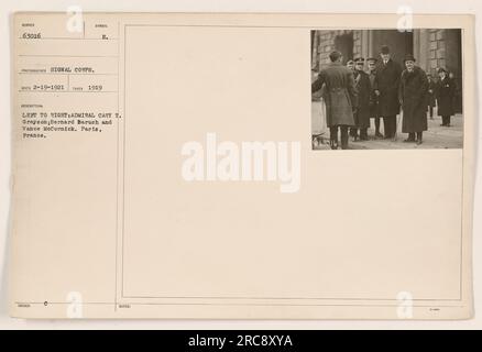 Admiral Cary T. Grayson, Bernard Baruch, and Vance McCormick in Paris, France. The photo was taken in 1919 and is numbered 63016. Admiral Cary T. Grayson was a prominent figure in the American military. Bernard Baruch was an influential financier and advisor to President Woodrow Wilson. Vance McCormick was a politician and public official. Stock Photo