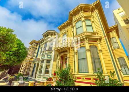 San Francisco, California, United States - Aug 17, 2016: bottom view of Painted Ladies or Seven Sisters, Victorian and Edwardian Houses in Haight Stock Photo