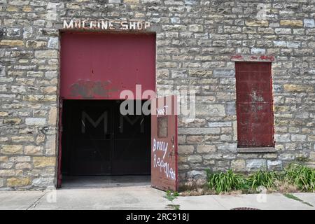 Doors to the machine shop at the Old Joliet Prison, which opened in 1858 and was closed and abandoned in 2002. Stock Photo