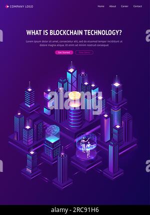 Blockchain technology isometric landing page. Huge bitcoin, human brain and neon glowing skyscraper buildings in smart city with robots. Cryptocurrency business mining solutions, 3d vector web banner Stock Vector