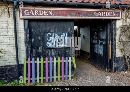 Entrance to the Beer garden at the Hill House Inn or public houes in the small coastal village of Happisburgh, Norfolk, England. Stock Photo