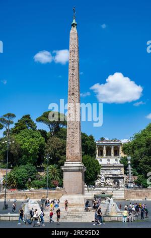 Fountain of the Lions (Fontana dei Leoni) and Egyptian obelisk (Obelisco Flaminio) stand in centre of Piazza del Popolo in Rome, Lazio Region, Italy Stock Photo