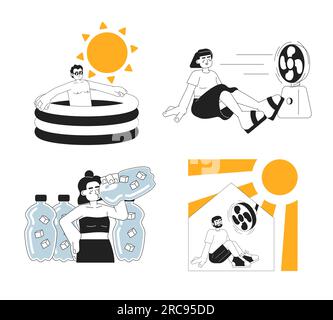 Stay cool during heat wave monochrome concept vector spot illustration set Stock Vector