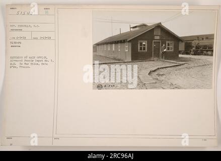 Caption: Exterior of Main Office, Advanced Supply Depot No. 1, located in S.C. Is Sur Tille, Coted D'Or, France. This photograph was taken on April 5, 1919, by photographer Sy. Crunelle. The image depicts the main office building of the depot, which served as a key logistical hub during World War One. Stock Photo