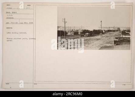 'Fleury railroad yards, located in northern Europe, were captured by the 13th Engineers Railway Battalion during World War One. This photo, taken by photographer Recio on April 11, 1919, shows a view looking north towards the yards. It is part of a series of photographs documenting American military activities during the war.' Stock Photo
