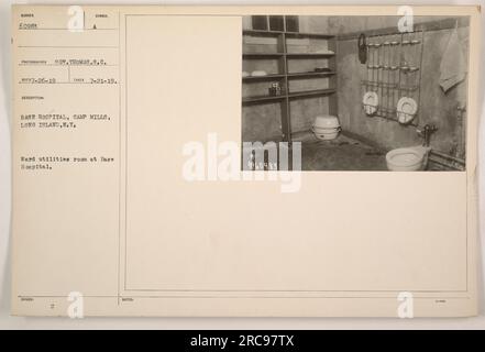 Ward utilities room at Base Hospital, Camp Mills, Long Island, N.Y. This photograph, taken on July 21, 1919, by Sgt. Thomas S.C. Reco, shows the utilities room in Base Hospital NUMBER 60983. The hospital served as a medical facility during World War One. Stock Photo