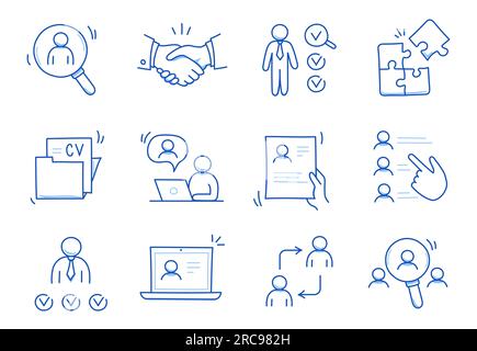Doodle line icon set work, business job search. Doodle sketch hand drawn style employee search, business work career, company people team icon. Job interview, team person concept. Vector illustration Stock Vector