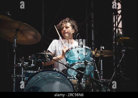 TORINO, STUPINIGI SONIC PARK FESTIVAL 2023, ITALY: Cesare Petulicchio, drummer of the italian duo called Bud Spencer Blues Explosion (also known as BSBE) performing live at the Stupinigi Sonic Park festival, opening for Placebo. Stock Photo