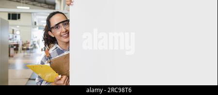 happy cute lovely women handcraft worker joiner carpenter lady smiling with white space for meeting ads banner background Stock Photo