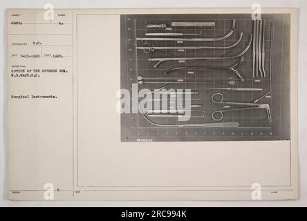 Surgical instruments used by the Office of the Surgeon General, Washington D.C., during World War One. The photograph depicts a collection of various surgical tools and equipment. Date of photograph: 1920. Official registration number: 68834. Stock Photo