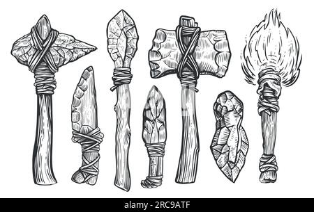 Prehistoric labor tools and equipment of a primitive caveman. Sketch vector illustration engraving style Stock Vector