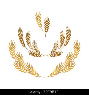 Wheat wreaths and grain spikes set icons. Isolated on white background. Stock Vector